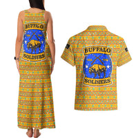 Buffalo Soldiers Christmas Couples Matching Tank Maxi Dress and Hawaiian Shirt with Yellow Cartoon Buffalo Santa Hat Design - Wonder Print Shop