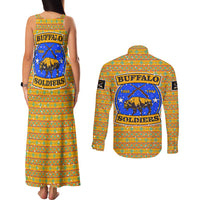 Buffalo Soldiers Christmas Couples Matching Tank Maxi Dress and Long Sleeve Button Shirt with Yellow Cartoon Buffalo Santa Hat Design - Wonder Print Shop