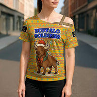 Buffalo Soldiers Christmas Cross Shoulder Shirt with Yellow Cartoon Buffalo Santa Hat Design - Wonder Print Shop