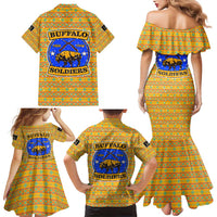 Buffalo Soldiers Christmas Family Matching Mermaid Dress and Hawaiian Shirt with Yellow Cartoon Buffalo Santa Hat Design - Wonder Print Shop
