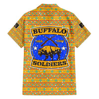 Buffalo Soldiers Christmas Family Matching Off The Shoulder Long Sleeve Dress and Hawaiian Shirt with Yellow Cartoon Buffalo Santa Hat Design - Wonder Print Shop