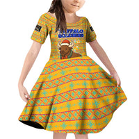 Buffalo Soldiers Christmas Family Matching Off Shoulder Short Dress and Hawaiian Shirt with Yellow Cartoon Buffalo Santa Hat Design - Wonder Print Shop