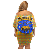 Buffalo Soldiers Christmas Family Matching Off Shoulder Short Dress and Hawaiian Shirt with Yellow Cartoon Buffalo Santa Hat Design - Wonder Print Shop