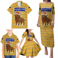 Buffalo Soldiers Christmas Family Matching Puletasi and Hawaiian Shirt with Yellow Cartoon Buffalo Santa Hat Design - Wonder Print Shop