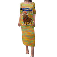 Buffalo Soldiers Christmas Family Matching Puletasi and Hawaiian Shirt with Yellow Cartoon Buffalo Santa Hat Design - Wonder Print Shop