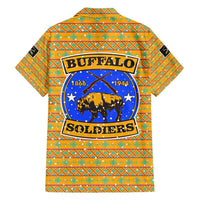 Buffalo Soldiers Christmas Family Matching Short Sleeve Bodycon Dress and Hawaiian Shirt with Yellow Cartoon Buffalo Santa Hat Design - Wonder Print Shop