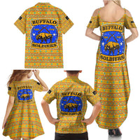 Buffalo Soldiers Christmas Family Matching Summer Maxi Dress and Hawaiian Shirt with Yellow Cartoon Buffalo Santa Hat Design - Wonder Print Shop