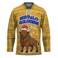 Buffalo Soldiers Christmas Hockey Jersey with Yellow Cartoon Buffalo Santa Hat Design - Wonder Print Shop