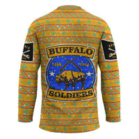 Buffalo Soldiers Christmas Hockey Jersey with Yellow Cartoon Buffalo Santa Hat Design - Wonder Print Shop