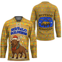 Buffalo Soldiers Christmas Hockey Jersey with Yellow Cartoon Buffalo Santa Hat Design - Wonder Print Shop