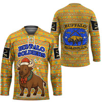 Buffalo Soldiers Christmas Hockey Jersey with Yellow Cartoon Buffalo Santa Hat Design - Wonder Print Shop