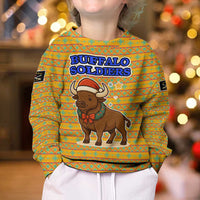 Buffalo Soldiers Christmas Kid Ugly Christmas Sweater with Yellow Cartoon Buffalo Santa Hat Design - Wonder Print Shop