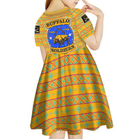 Buffalo Soldiers Christmas Kid Short Sleeve Dress with Yellow Cartoon Buffalo Santa Hat Design - Wonder Print Shop