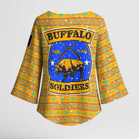Buffalo Soldiers Christmas Kimono Sleeve Blouse with Yellow Cartoon Buffalo Santa Hat Design - Wonder Print Shop