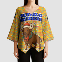 Buffalo Soldiers Christmas Kimono Sleeve Blouse with Yellow Cartoon Buffalo Santa Hat Design - Wonder Print Shop