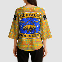 Buffalo Soldiers Christmas Kimono Sleeve Blouse with Yellow Cartoon Buffalo Santa Hat Design - Wonder Print Shop
