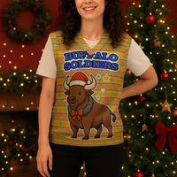 Buffalo Soldiers Christmas Knitted V-Neck Vest with Yellow Cartoon Buffalo Santa Hat Design - Wonder Print Shop