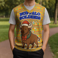 Buffalo Soldiers Christmas Knitted V-Neck Vest with Yellow Cartoon Buffalo Santa Hat Design - Wonder Print Shop