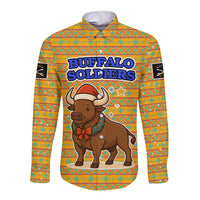 Buffalo Soldiers Christmas Long Sleeve Button Shirt with Yellow Cartoon Buffalo Santa Hat Design - Wonder Print Shop