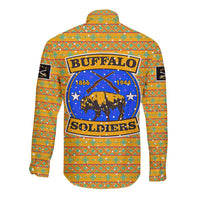 Buffalo Soldiers Christmas Long Sleeve Button Shirt with Yellow Cartoon Buffalo Santa Hat Design - Wonder Print Shop