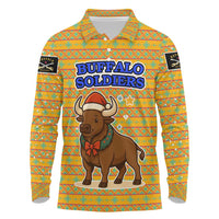 Buffalo Soldiers Christmas Long Sleeve Polo Shirt with Yellow Cartoon Buffalo Santa Hat Design - Wonder Print Shop