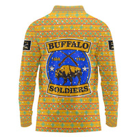 Buffalo Soldiers Christmas Long Sleeve Polo Shirt with Yellow Cartoon Buffalo Santa Hat Design - Wonder Print Shop