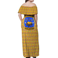 Buffalo Soldiers Christmas Off Shoulder Maxi Dress with Yellow Cartoon Buffalo Santa Hat Design - Wonder Print Shop