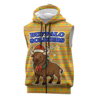 Buffalo Soldiers Christmas Sleeveless Zip Hoodie with Yellow Cartoon Buffalo Santa Hat Design - Wonder Print Shop