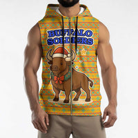 Buffalo Soldiers Christmas Sleeveless Zip Hoodie with Yellow Cartoon Buffalo Santa Hat Design - Wonder Print Shop