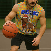 Buffalo Soldiers Christmas Sleeveless Zip Hoodie with Yellow Cartoon Buffalo Santa Hat Design - Wonder Print Shop