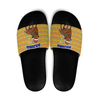 Buffalo Soldiers Christmas Slide Sandals with Yellow Cartoon Buffalo Santa Hat Design - Wonder Print Shop
