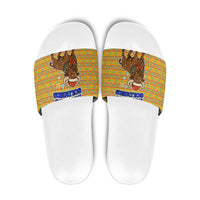 Buffalo Soldiers Christmas Slide Sandals with Yellow Cartoon Buffalo Santa Hat Design - Wonder Print Shop