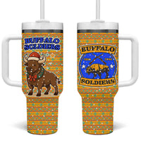 Buffalo Soldiers Christmas Tumbler With Handle with Yellow Cartoon Buffalo Santa Hat Design - Wonder Print Shop