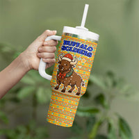 Buffalo Soldiers Christmas Tumbler With Handle with Yellow Cartoon Buffalo Santa Hat Design - Wonder Print Shop