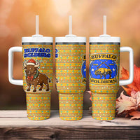 Buffalo Soldiers Christmas Tumbler With Handle with Yellow Cartoon Buffalo Santa Hat Design - Wonder Print Shop