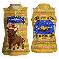 Buffalo Soldiers Christmas Women Sleeveless Polo Shirt with Yellow Cartoon Buffalo Santa Hat Design - Wonder Print Shop