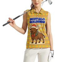 Buffalo Soldiers Christmas Women Sleeveless Polo Shirt with Yellow Cartoon Buffalo Santa Hat Design - Wonder Print Shop
