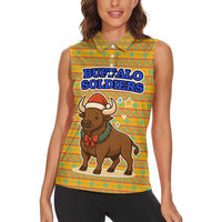 Buffalo Soldiers Christmas Women Sleeveless Polo Shirt with Yellow Cartoon Buffalo Santa Hat Design - Wonder Print Shop