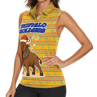 Buffalo Soldiers Christmas Women Sleeveless Polo Shirt with Yellow Cartoon Buffalo Santa Hat Design - Wonder Print Shop