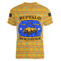 Buffalo Soldiers Christmas Women V-Neck T-Shirt with Yellow Cartoon Buffalo Santa Hat Design - Wonder Print Shop