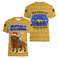 Buffalo Soldiers Christmas Women V-Neck T-Shirt with Yellow Cartoon Buffalo Santa Hat Design - Wonder Print Shop