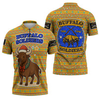 Buffalo Soldiers Christmas Zipper Polo Shirt with Yellow Cartoon Buffalo Santa Hat Design - Wonder Print Shop