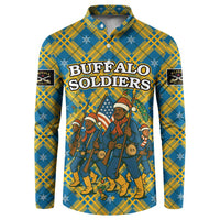 Buffalo Soldiers Christmas Button Sweatshirt with Blue Yellow Plaid Parade Illustration Design - Wonder Print Shop