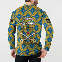 Buffalo Soldiers Christmas Button Sweatshirt with Blue Yellow Plaid Parade Illustration Design - Wonder Print Shop