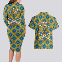 Buffalo Soldiers Christmas Couples Matching Long Sleeve Bodycon Dress and Hawaiian Shirt with Blue Yellow Plaid Parade Illustration Design - Wonder Print Shop