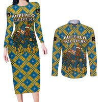 Buffalo Soldiers Christmas Couples Matching Long Sleeve Bodycon Dress and Long Sleeve Button Shirt with Blue Yellow Plaid Parade Illustration Design - Wonder Print Shop