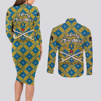 Buffalo Soldiers Christmas Couples Matching Long Sleeve Bodycon Dress and Long Sleeve Button Shirt with Blue Yellow Plaid Parade Illustration Design - Wonder Print Shop