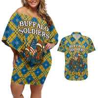 Buffalo Soldiers Christmas Couples Matching Off Shoulder Short Dress and Hawaiian Shirt with Blue Yellow Plaid Parade Illustration Design - Wonder Print Shop