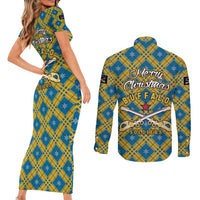 Buffalo Soldiers Christmas Couples Matching Short Sleeve Bodycon Dress and Long Sleeve Button Shirt with Blue Yellow Plaid Parade Illustration Design - Wonder Print Shop