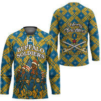 Buffalo Soldiers Christmas Hockey Jersey with Blue Yellow Plaid Parade Illustration Design - Wonder Print Shop